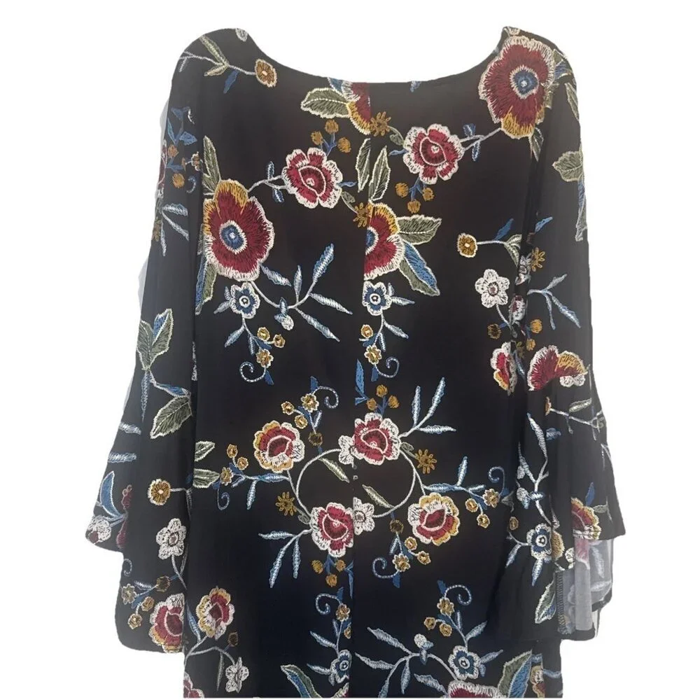 Olivia Matthews Black Colorful Floral Tunic Dress 3/4 Bell Sleeve Sz L Stretch - Picture 5 of 7